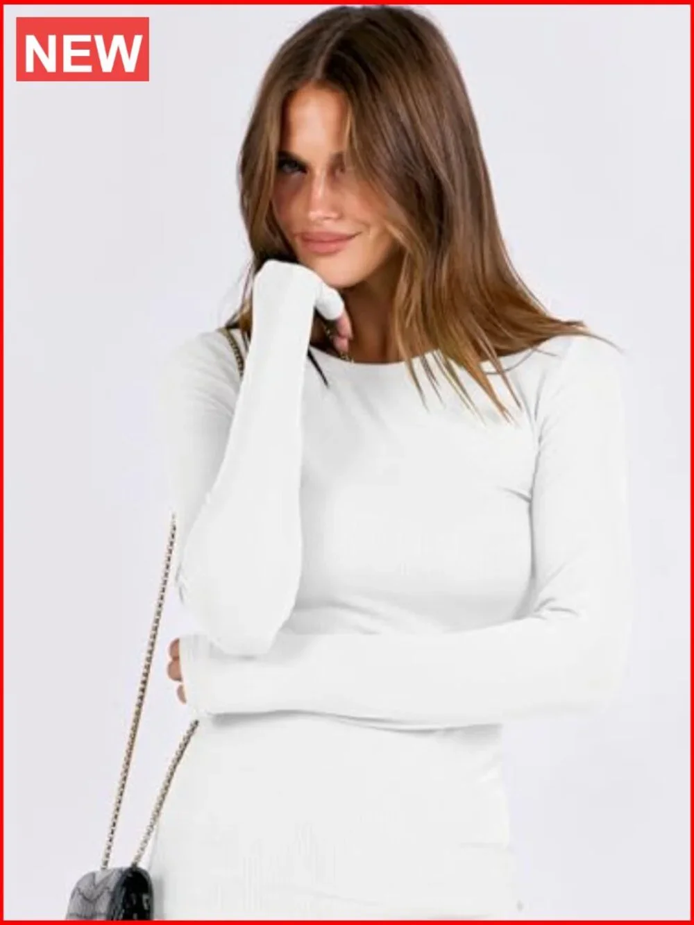 Long Sleeve Rib Knit Slim Fit T-Shirt Basic Tee Rayon Elastane - Picture 6 of 7